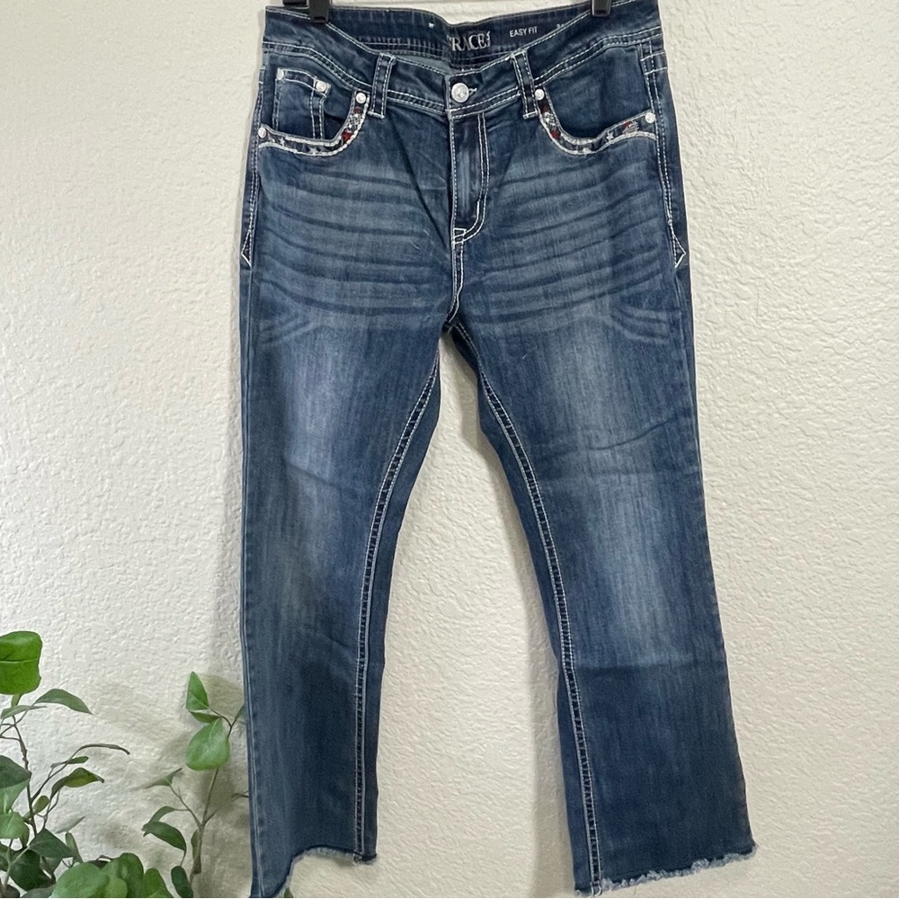 Grace in LA Women’s Patriotic Feather Embroidered Raw Hem Cropped Bootcut Jeans